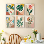 Modern Leaves mini paintings displayed as a gallery wall in a sunny kitchen