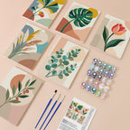Modern Leaves mini paint by numbers kit with six numbered canvases, acrylic paints, brushes and layout