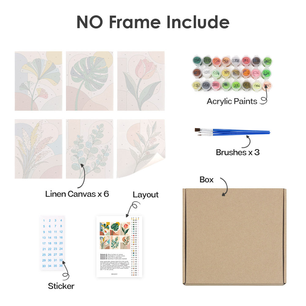 What's included without a frame: six rolled Modern Leaves mini canvases, acrylic paints, three brushes and layout