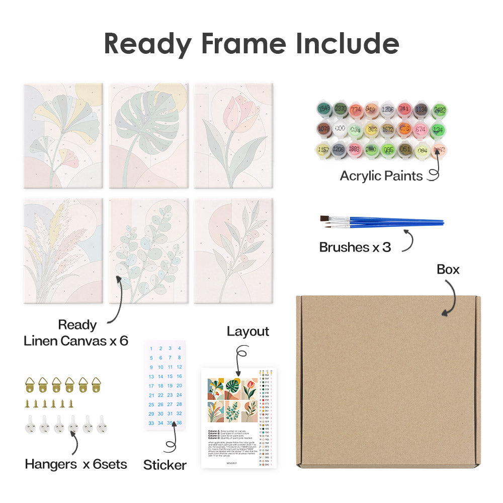 What's included pre-stretched on frame: six framed Modern Leaves mini canvases, paints, three brushes, hangers and layout