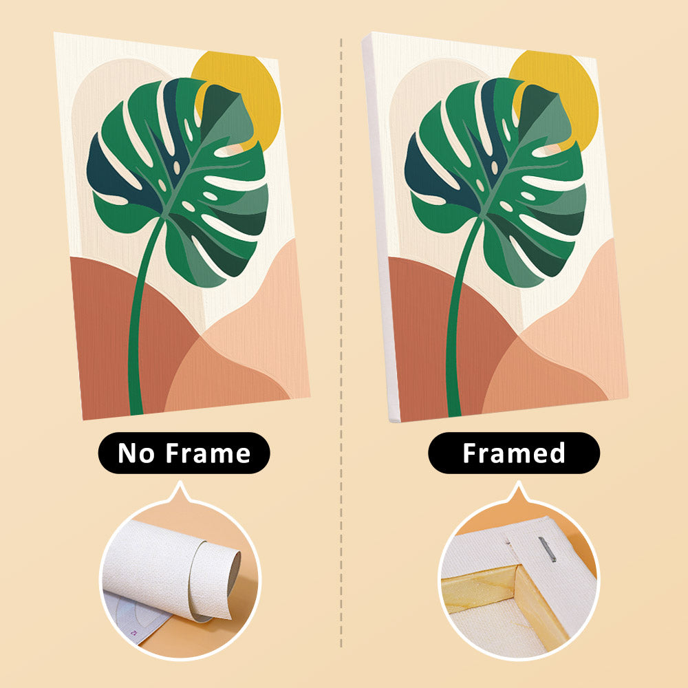 Modern Leaves mini canvas shown rolled without a frame and pre-stretched on a frame