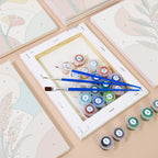 Numbered paint pots and brushes on a pre-stretched Modern Leaves mini canvas