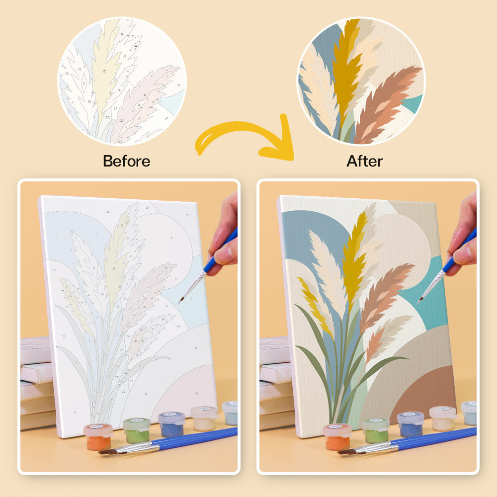 Before and after of a Modern Leaves mini paint by numbers canvas