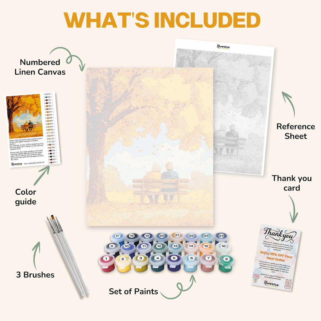 What's included in the Moments of Forever paint by numbers kit: numbered linen canvas, reference sheet, color guide, 24 acrylic paints, 3 brushes and thank you card