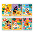 Monster Beach Club mini paint by numbers set: six tropical beach scenes with a skeleton lifeguard, black cat, surfing vampire, witch, ghost and pumpkin float