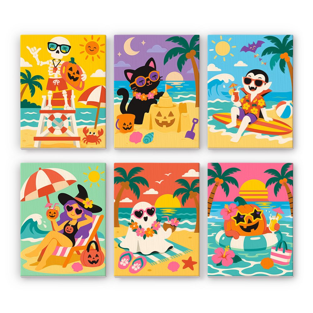 Monster Beach Club mini paint by numbers set: six tropical beach scenes with a skeleton lifeguard, black cat, surfing vampire, witch, ghost and pumpkin float