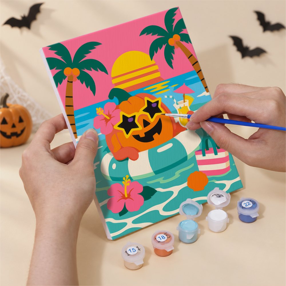 Numbered paint pots and brushes on a pre-stretched Monster Beach Club mini canvas
