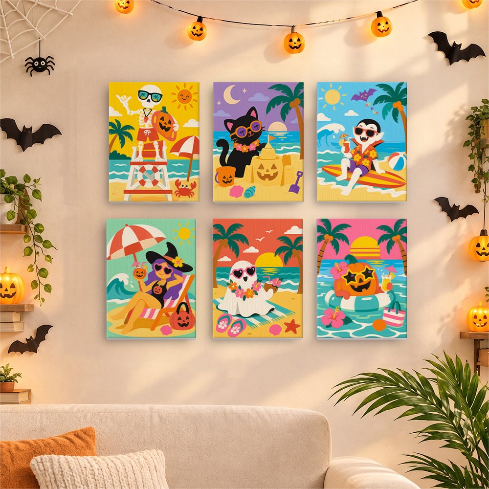 Before and after of a Monster Beach Club mini paint by numbers canvas