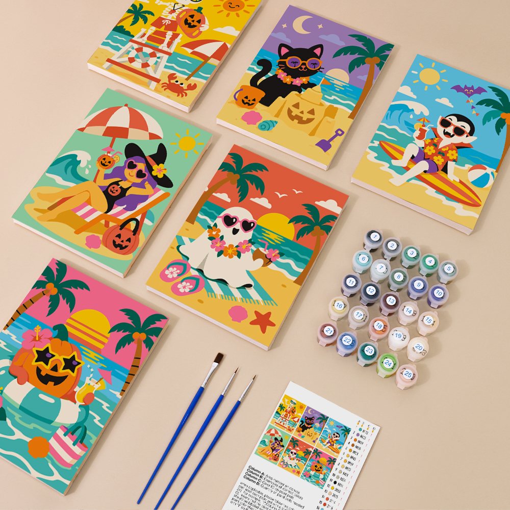 Painting one of the Monster Beach Club designs next to a stack of mini canvases