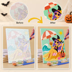 What's included without a frame: six rolled Monster Beach Club mini canvases, acrylic paints, three brushes and layout
