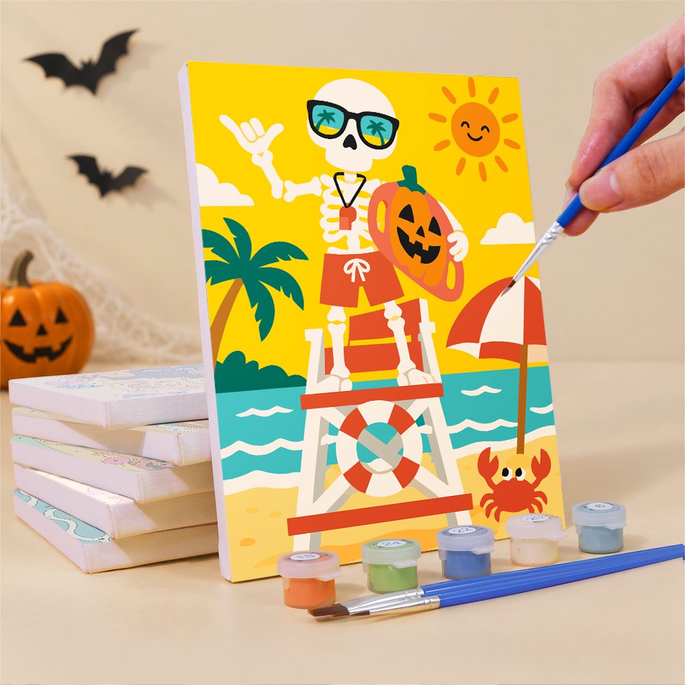 What's included pre-stretched on frame: six framed Monster Beach Club mini canvases, paints, three brushes, hangers and layout