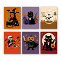 Monster Mash mini paint by numbers set: six funny characters including a witch, a dapper cat, a ghost chef, a skeleton rocker, a pumpkin knight and a vampire cat
