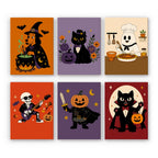 Monster Mash mini paint by numbers set: six funny characters including a witch, a dapper cat, a ghost chef, a skeleton rocker, a pumpkin knight and a vampire cat