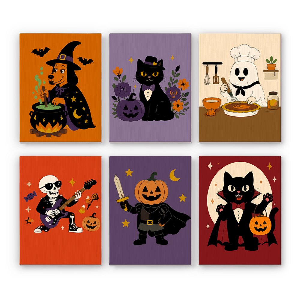Monster Mash mini paint by numbers set: six funny characters including a witch, a dapper cat, a ghost chef, a skeleton rocker, a pumpkin knight and a vampire cat