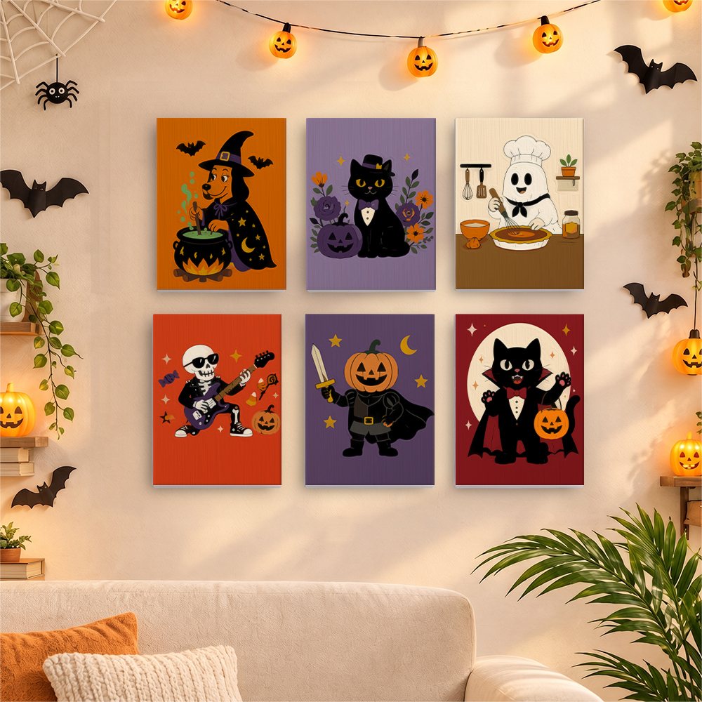 Six finished Monster Mash mini paintings hung on a wall above a table