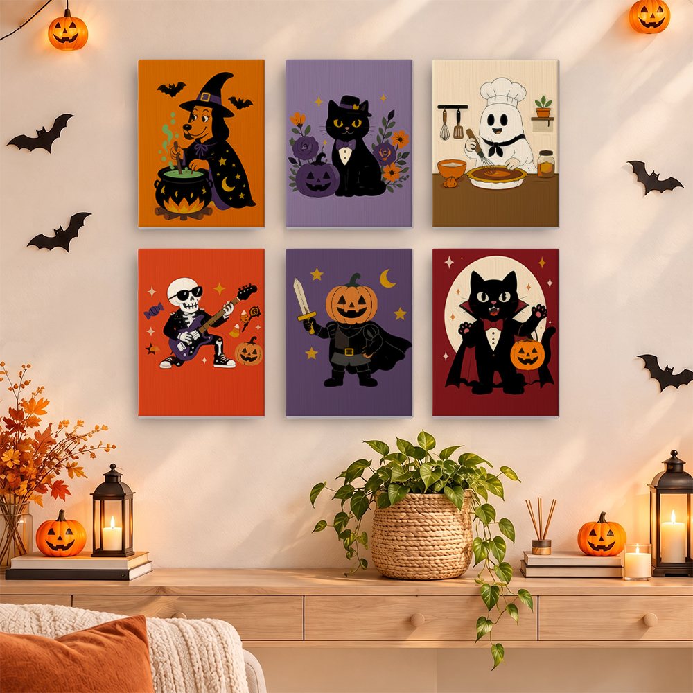 Monster Mash mini paintings displayed as a gallery wall in a sunny kitchen