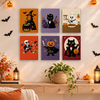 Monster Mash mini paintings displayed as a gallery wall in a sunny kitchen