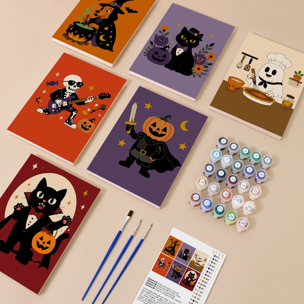 Monster Mash mini paint by numbers kit with six numbered canvases, acrylic paints, brushes and layout