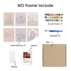 What's included without a frame: six rolled Monster Mash mini canvases, acrylic paints, three brushes and layout