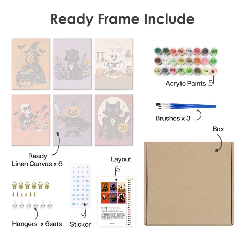 What's included pre-stretched on frame: six framed Monster Mash mini canvases, paints, three brushes, hangers and layout