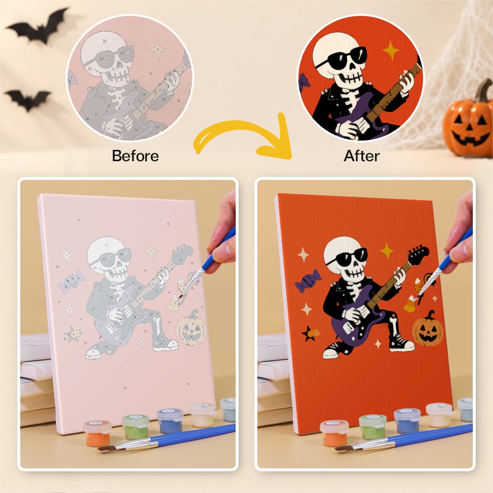 Before and after of a Monster Mash mini paint by numbers canvas