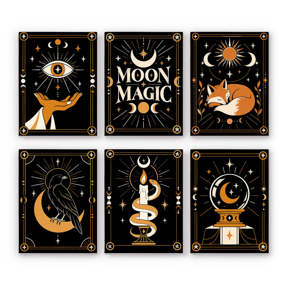 Moon Magic mini paint by numbers set: six black and gold celestial cards with an eye, moon phases, a fox, a raven, a candle and a crystal ball