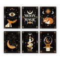 Moon Magic mini paint by numbers set: six black and gold celestial cards with an eye, moon phases, a fox, a raven, a candle and a crystal ball