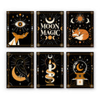 Moon Magic mini paint by numbers set: six black and gold celestial cards with an eye, moon phases, a fox, a raven, a candle and a crystal ball