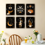 Moon Magic mini paintings displayed as a gallery wall in a sunny kitchen