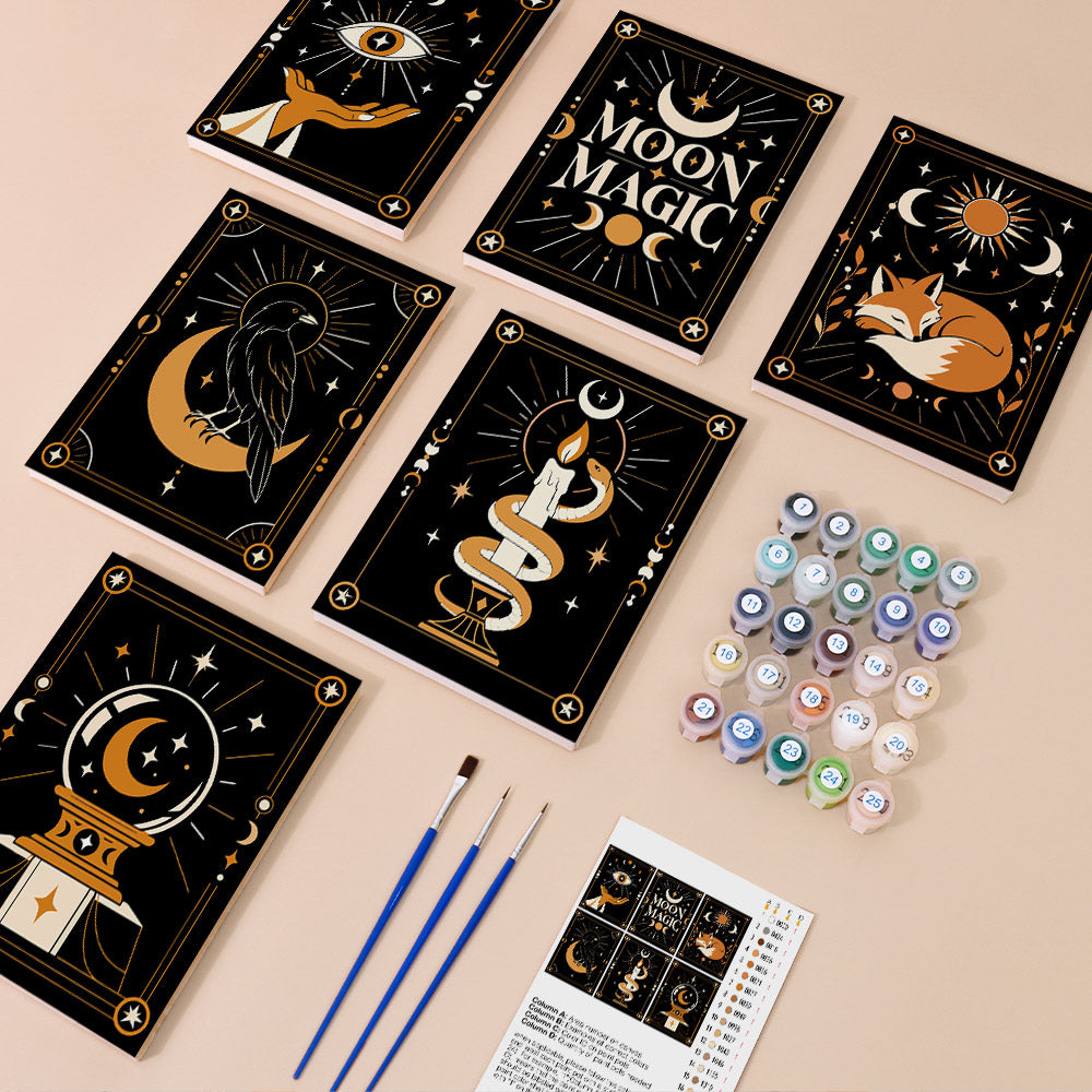 Moon Magic mini paint by numbers kit with six numbered canvases, acrylic paints, brushes and layout