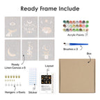 What's included pre-stretched on frame: six framed Moon Magic mini canvases, paints, three brushes, hangers and layout