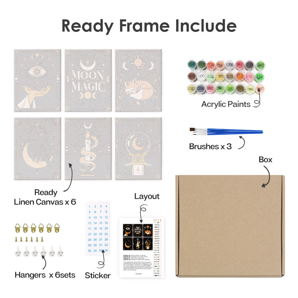 What's included pre-stretched on frame: six framed Moon Magic mini canvases, paints, three brushes, hangers and layout