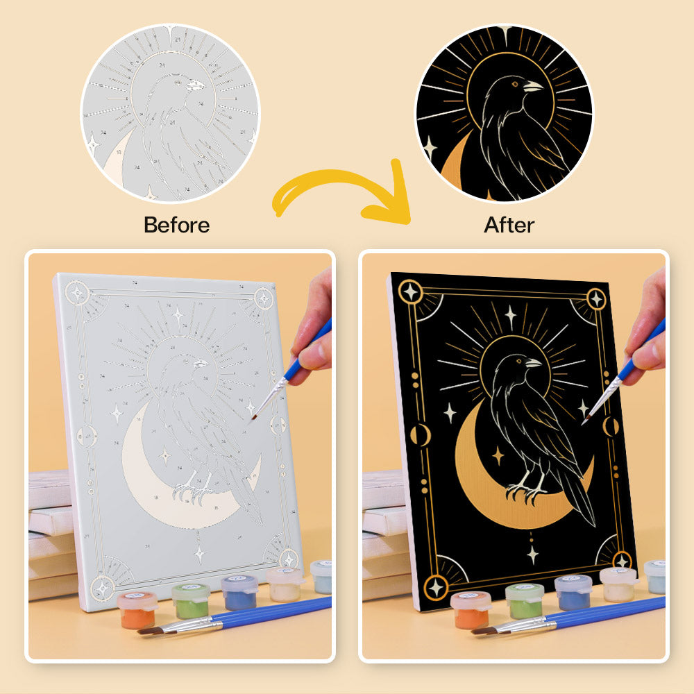 Before and after of a Moon Magic mini paint by numbers canvas