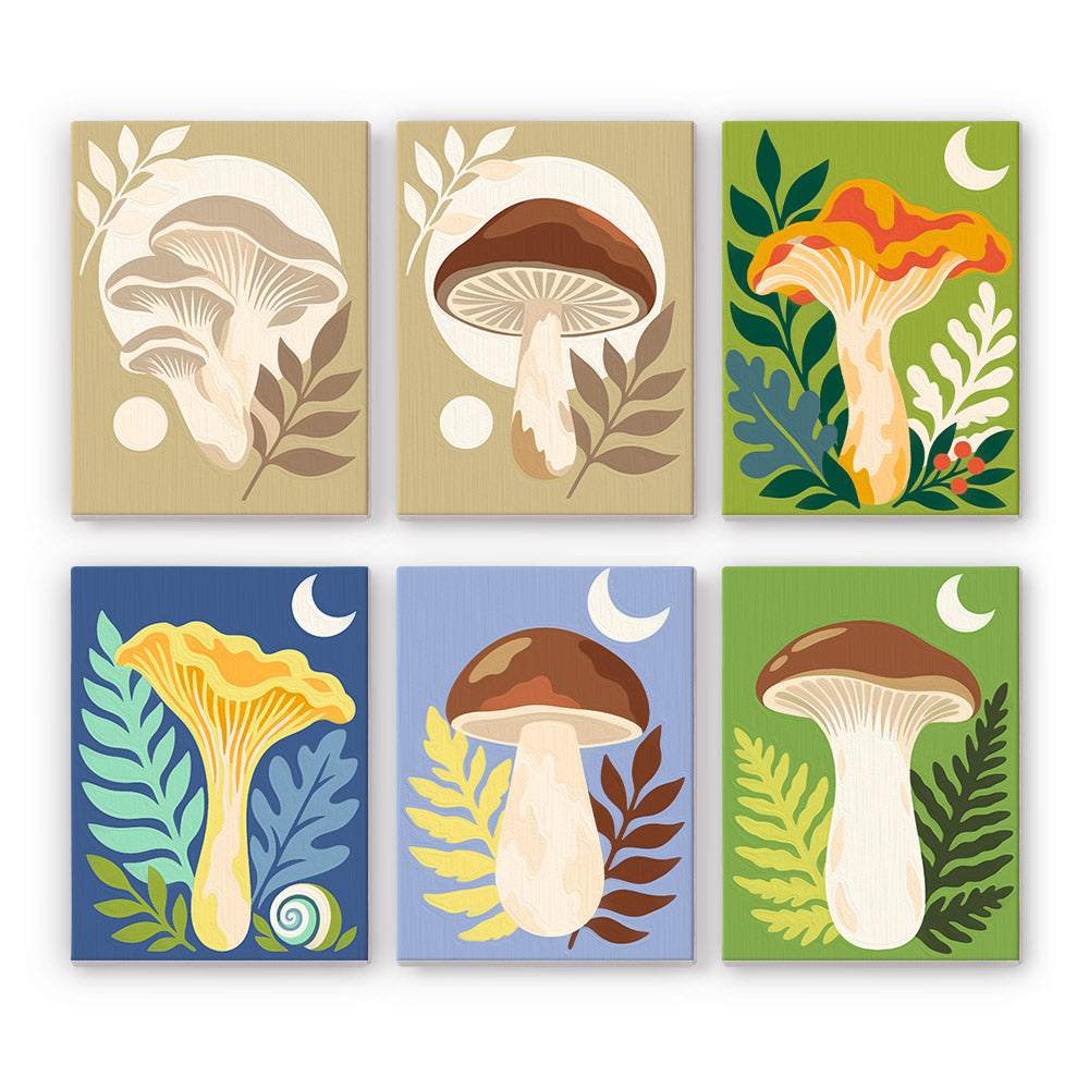 Moon Mushrooms mini paint by numbers set: six designs of whimsical mushrooms beneath glowing moons