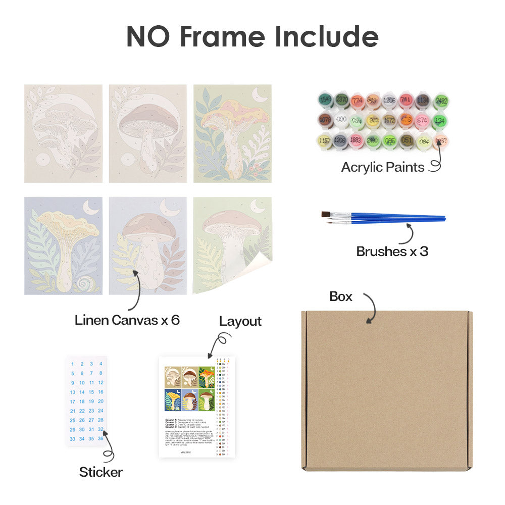 What's included without a frame: six rolled Moon Mushrooms mini canvases, acrylic paints, three brushes and layout