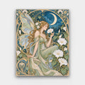 Moonflower Fairy paint by numbers kit of a fairy with delicate wings among white moonflowers under a crescent moon in Art Nouveau style