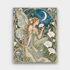 Moonflower Fairy paint by numbers kit of a fairy with delicate wings among white moonflowers under a crescent moon in Art Nouveau style