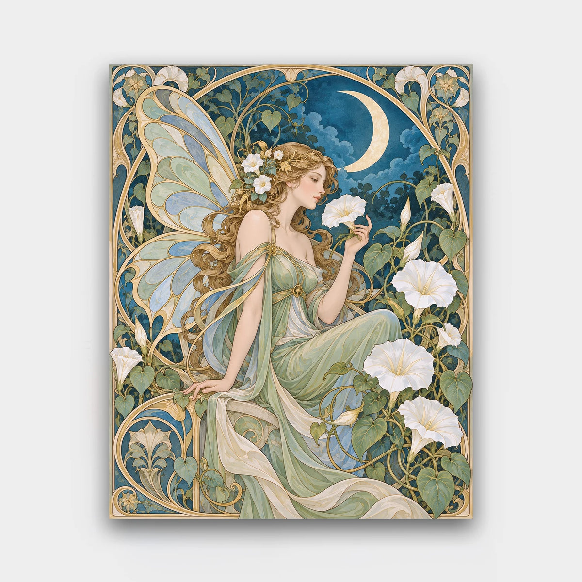 Moonflower Fairy paint by numbers kit of a fairy with delicate wings among white moonflowers under a crescent moon in Art Nouveau style
