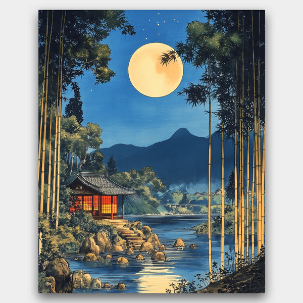 Traditional Japanese house by a lake with bamboo and mountains under a full moon