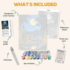 What's included in the Moonlit Bamboo Reflections paint by numbers kit: numbered linen canvas, reference sheet, color guide, 24 acrylic paints, 3 brushes and thank you card