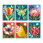Moonlit Botanicals mini paint by numbers set: six designs of a tulip, luna moth, protea, anemone, pear and pomegranate