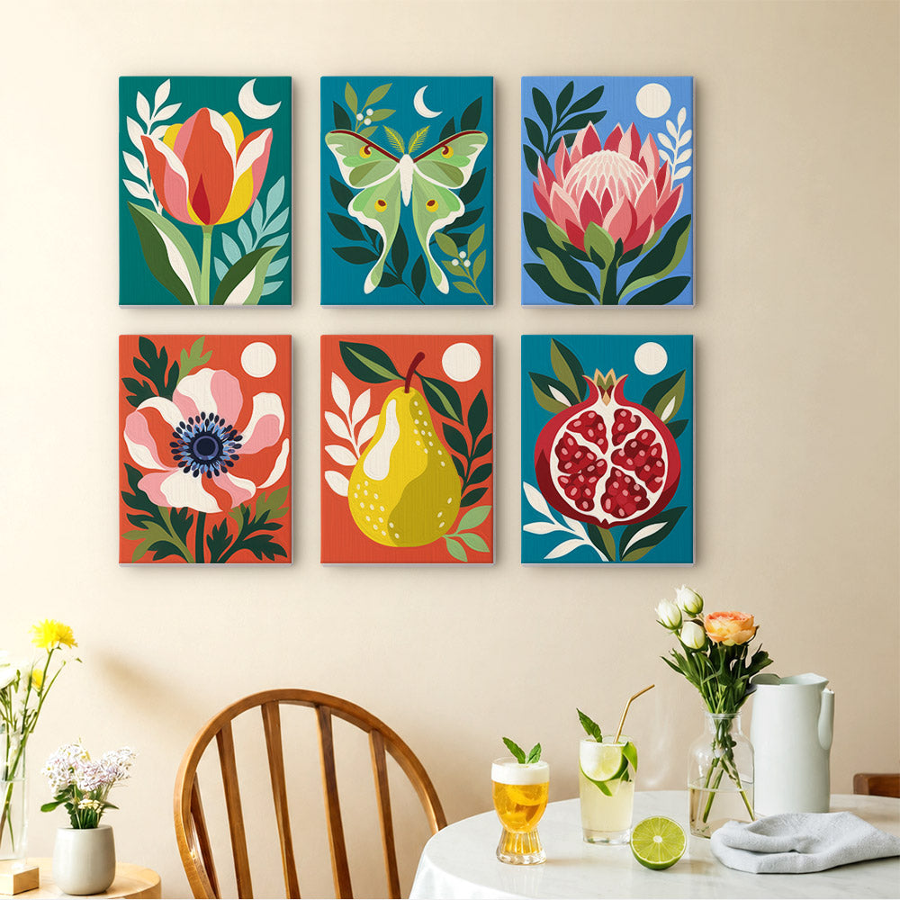 Moonlit Botanicals mini paintings displayed as a gallery wall in a sunny kitchen