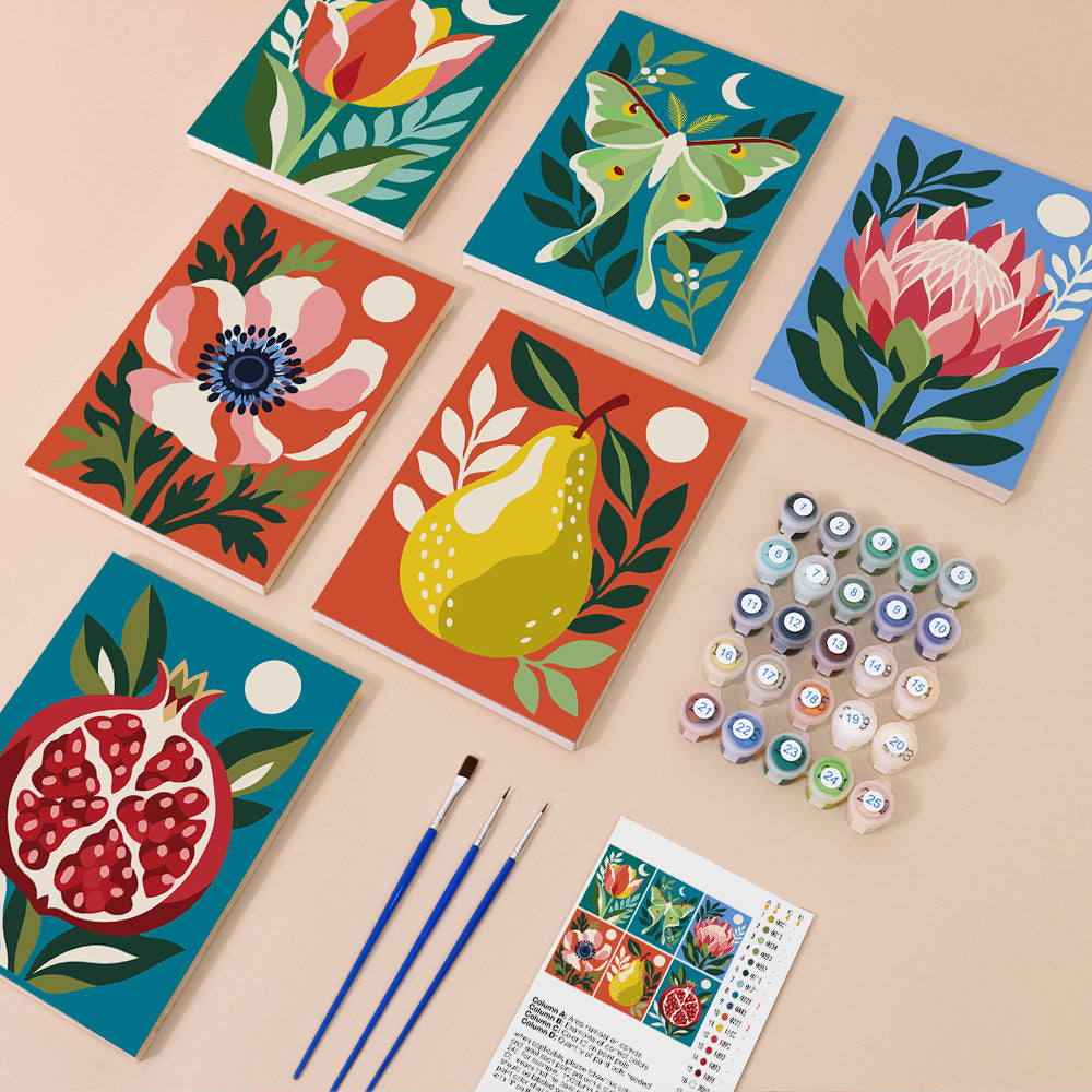 Moonlit Botanicals mini paint by numbers kit with six numbered canvases, acrylic paints, brushes and layout