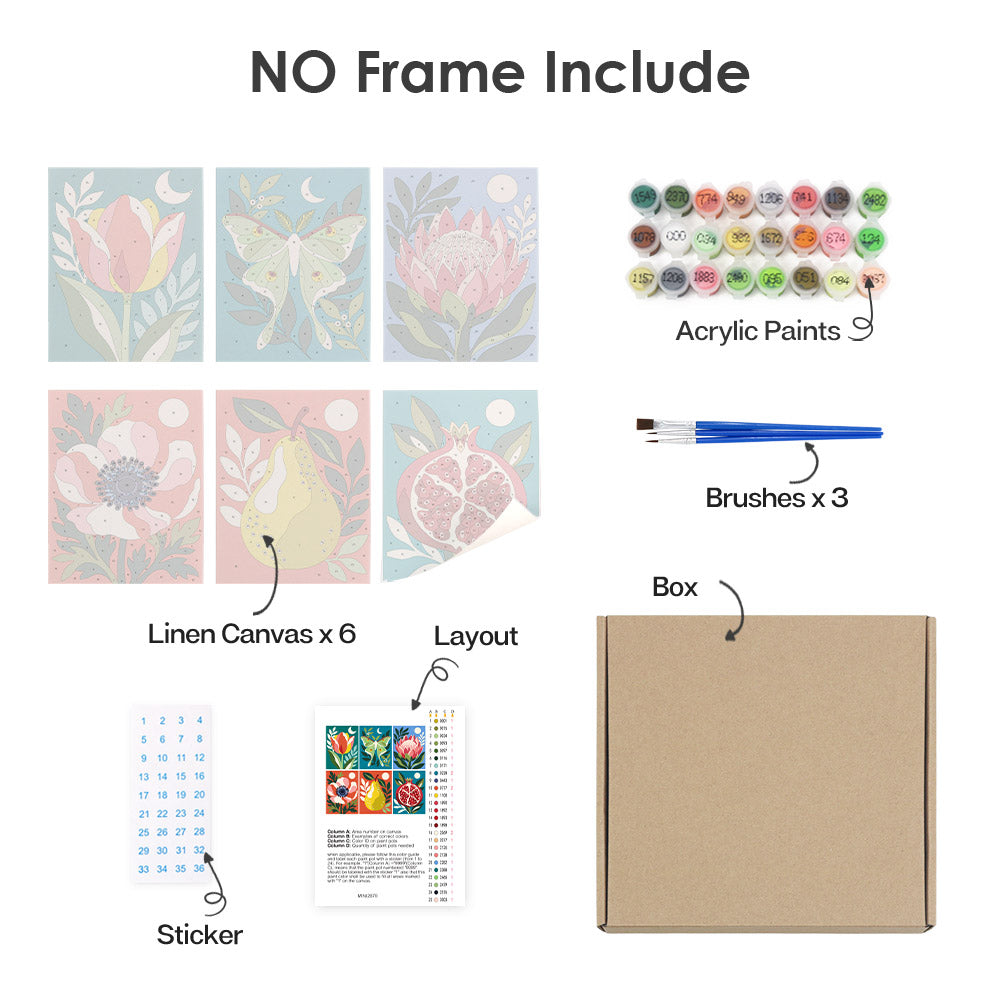 What's included without a frame: six rolled Moonlit Botanicals mini canvases, acrylic paints, three brushes and layout