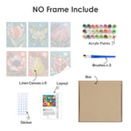 What's included without a frame: six rolled Moonlit Botanicals mini canvases, acrylic paints, three brushes and layout