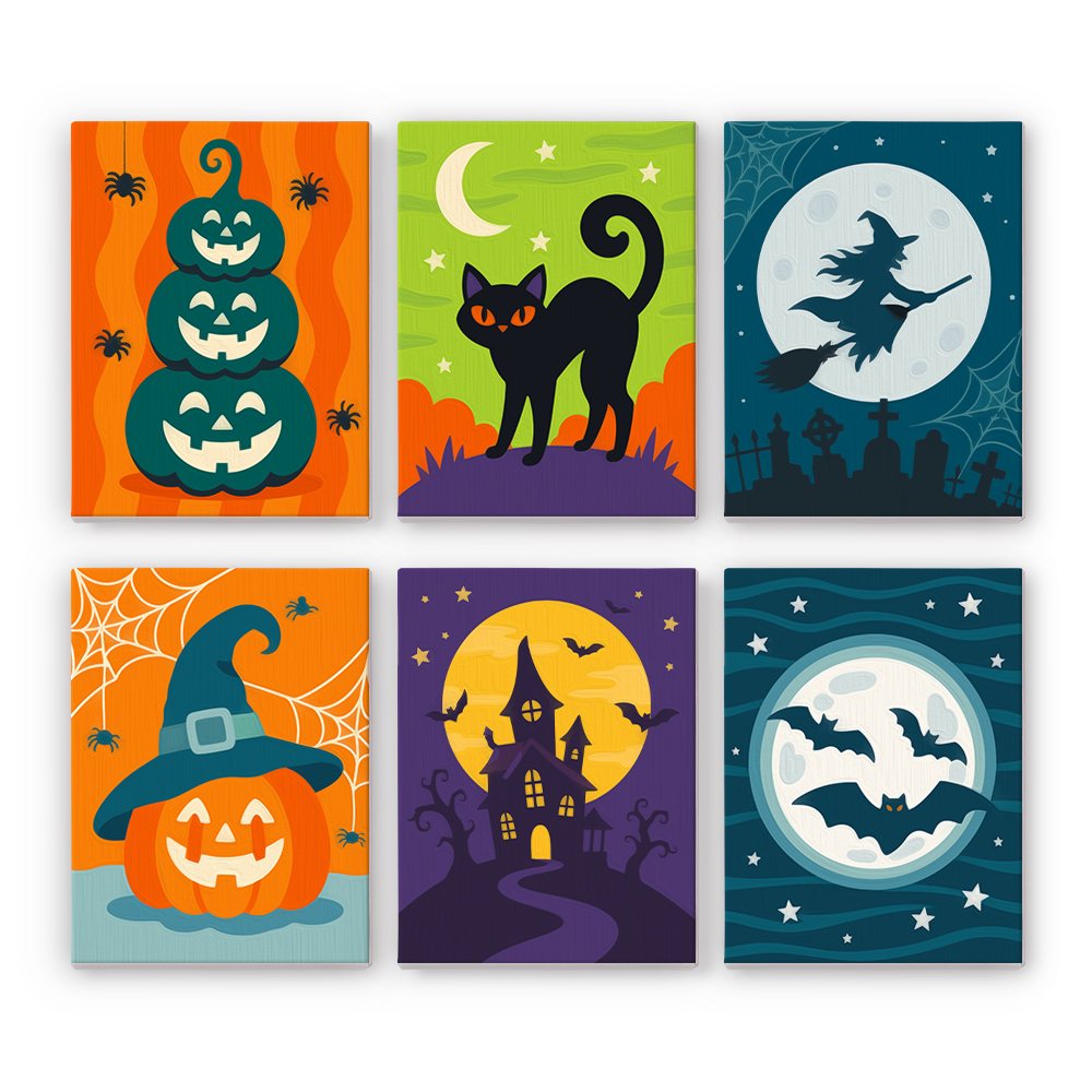 Moonlit Halloween mini paint by numbers set: six night scenes with stacked pumpkins, a black cat, a flying witch, a haunted house and bats across the moon