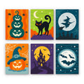 Moonlit Halloween mini paint by numbers set: six night scenes with stacked pumpkins, a black cat, a flying witch, a haunted house and bats across the moon