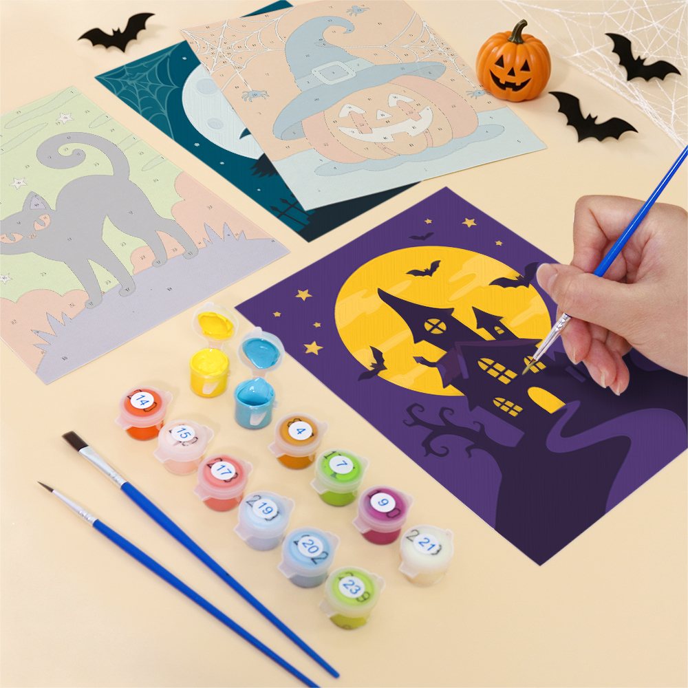 Filling in a Moonlit Halloween mini canvas with numbered acrylic paints and a fine brush