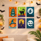 Six finished Moonlit Halloween mini paintings hung on a wall above a table