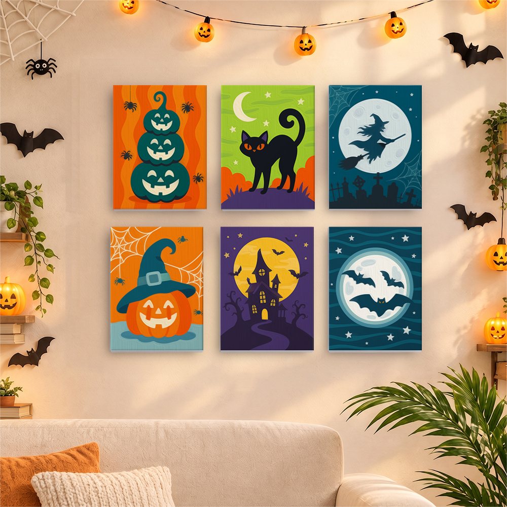 Six finished Moonlit Halloween mini paintings hung on a wall above a table